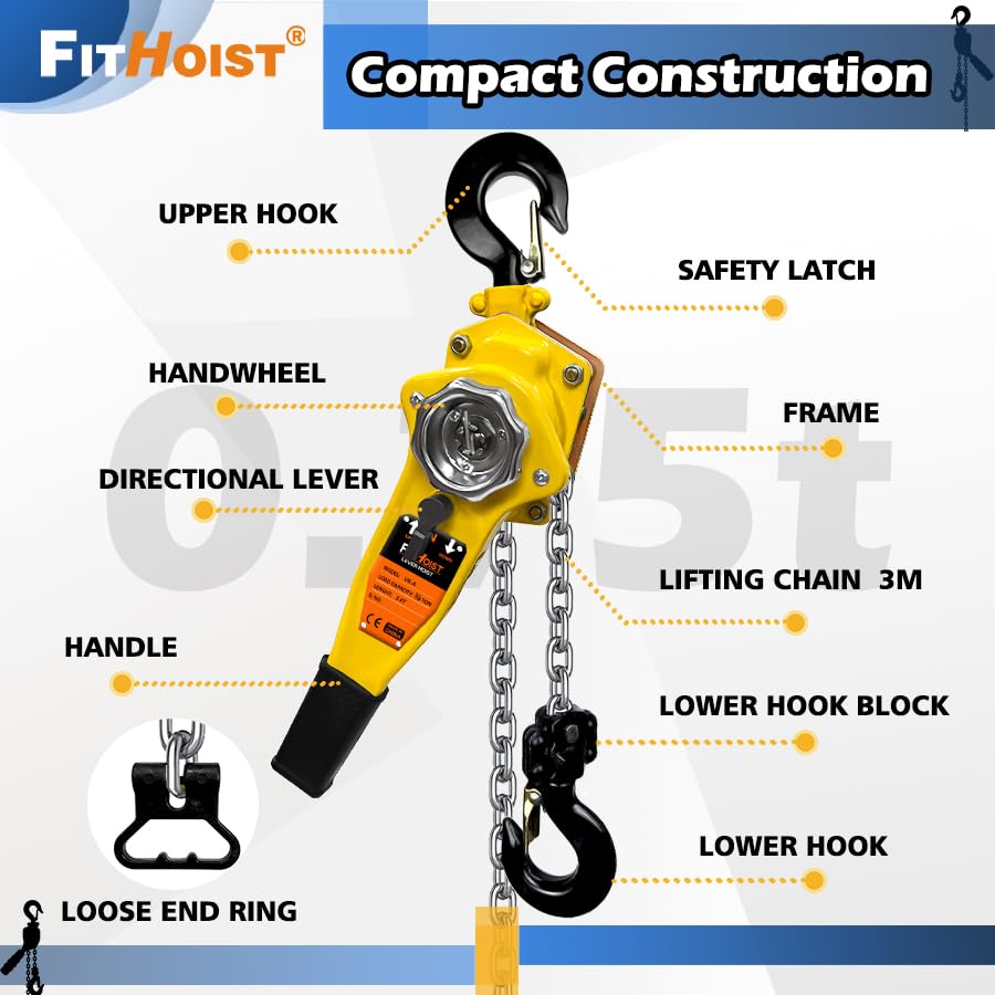 3/4 Ton Chain Hoist 1650LBS Capacity 10Ft Lift Manual Lever Chain Hoist Manganese Steel G80 Chain w/ 2 Heavy Duty Hooks, for Open-Air and Confined Space Lifting - Image 7