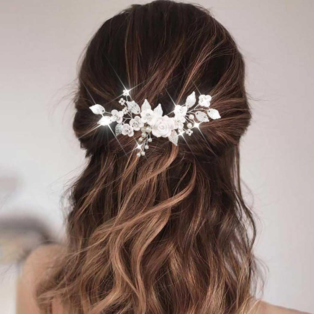 Peineta de boda con flores y perlas plateadas - Accesorio de cabello para mujer y niña