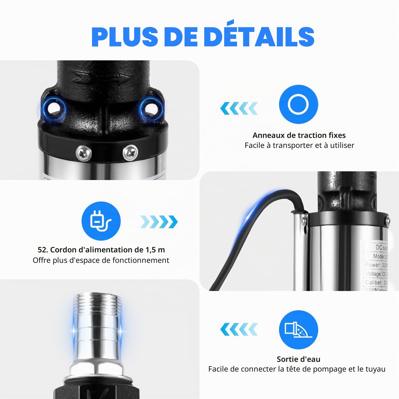 Pompe Immergée Puits 24V 320W, Pompe de Relevage Inox 3000L/h, Hauteur 25m, Câble 16m, Moteur Cuivre Pur 4500tr/min, Pompe à Eau Submersible pour Jardin, Irrigation, Bassin et Agriculture