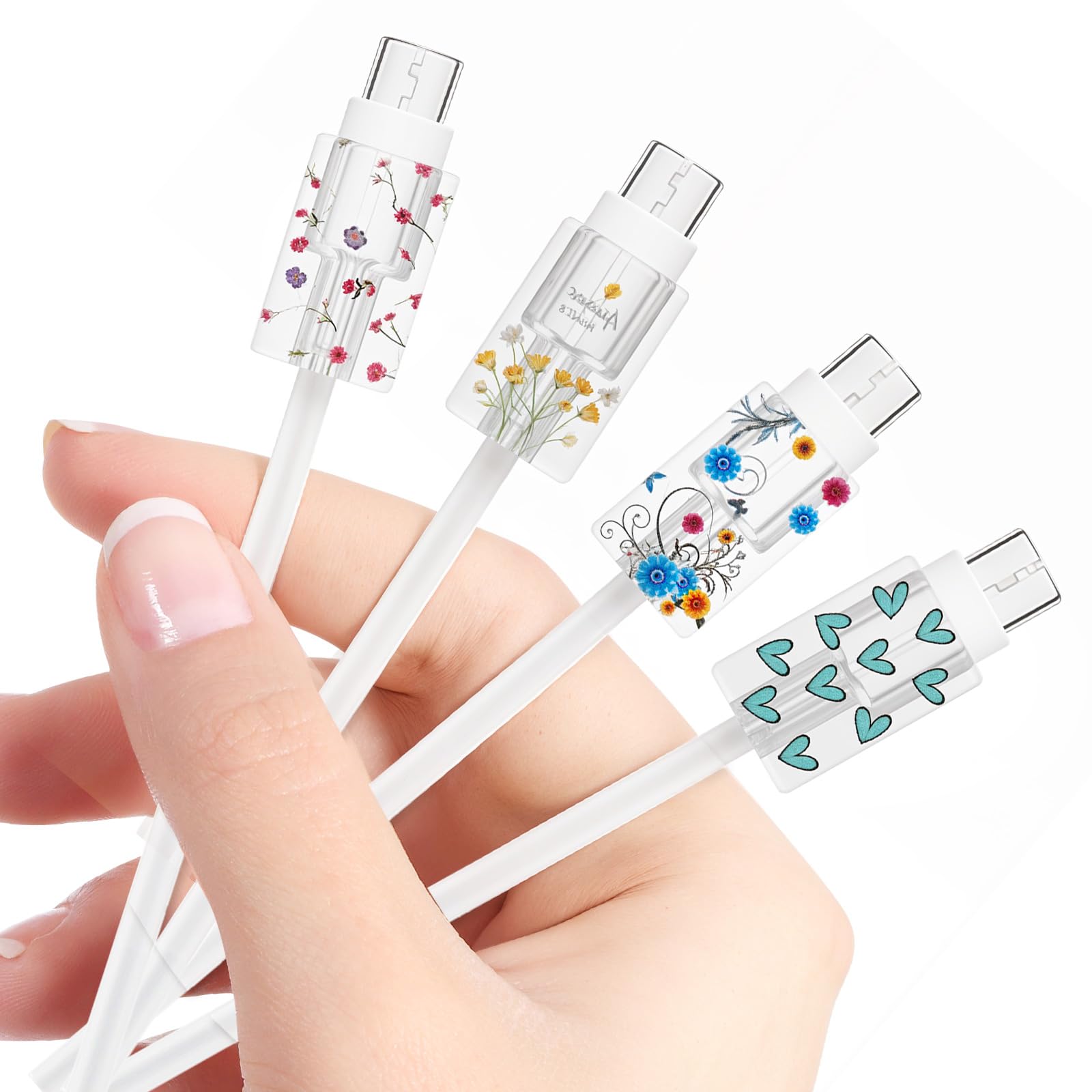 4 Pcs Charger Cord Protector Flower Transparent Cable Protectors for Cords Type-C PTU Protectors De Cargador Phone Cable Protector for Phone Charger Accessories