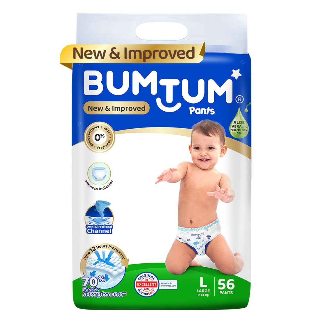 Bumtum Baby Diaper Pants with Leakage Protection -9 to 14 Kg (Large, 56 Count, Pack of 1)