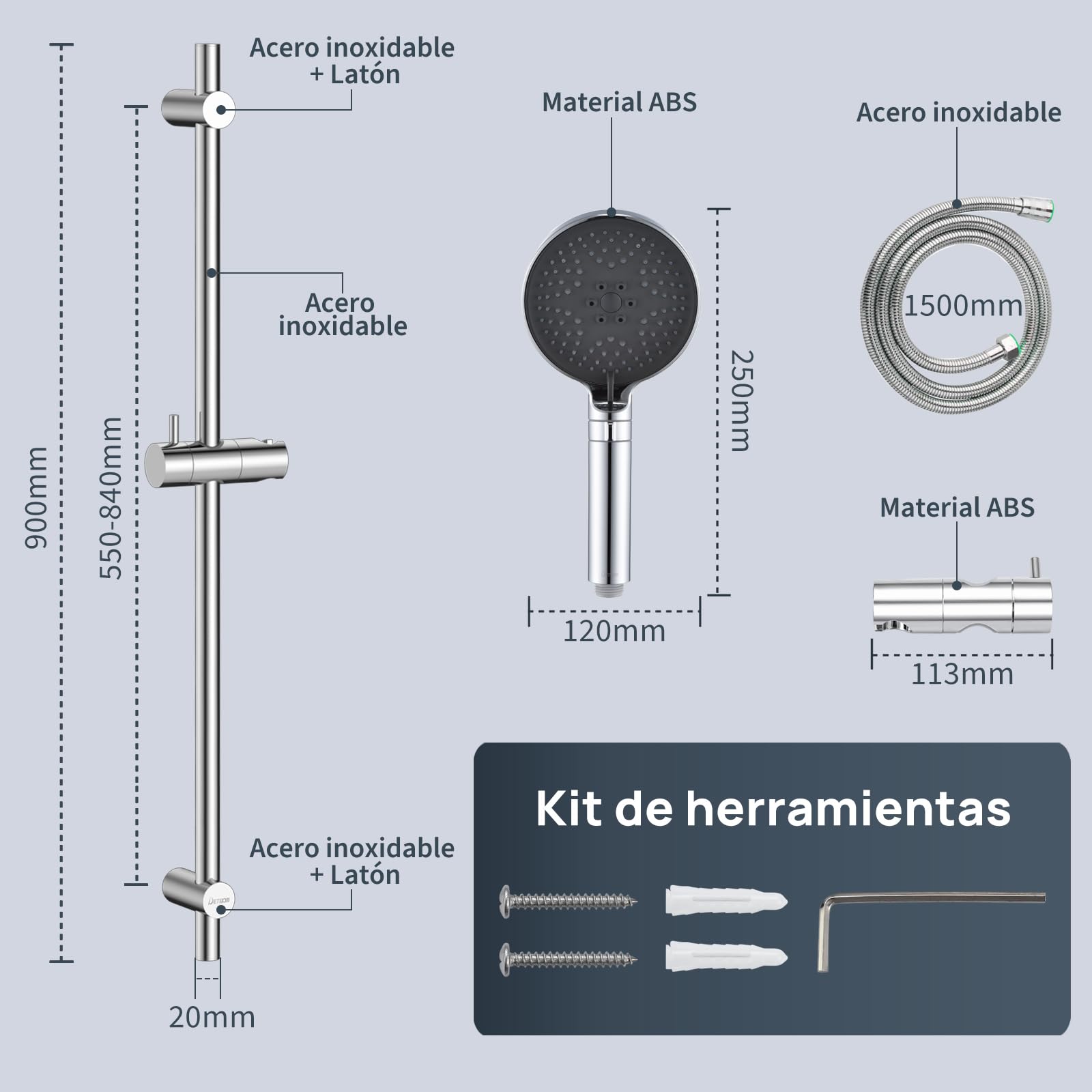Columna de Ducha 90cm con 3 Funciones Alcachofa de Mano, Soporte de Alcachofa de Ducha Ajustable y Manguera Flexible 1,5m, Barra de Ducha sin Mezclador, Acero Inoxidable 304, Cromo