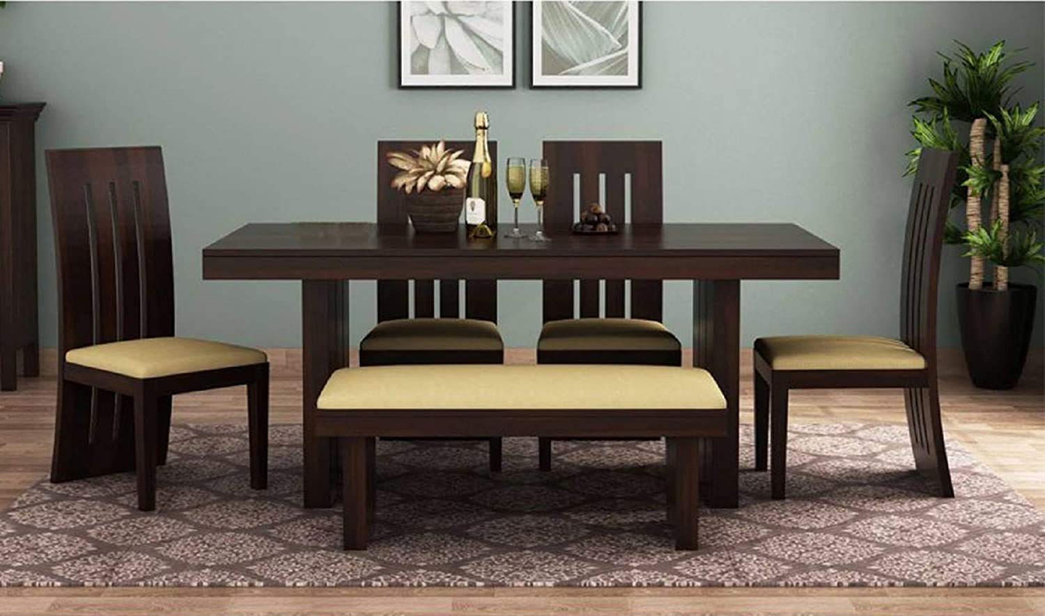 Jangid Handicraft Solid Sheesham Wood Dining Table 6 Seater | Wooden Six Seater Dinning Table with 4 Chairs & 1 Bench for Home | Chairs with Cushion | Dining Room Sets for Restaurants | Walnut Brown (B09WQD1WQQ) Amazon Price History, Amazon Price Tracker