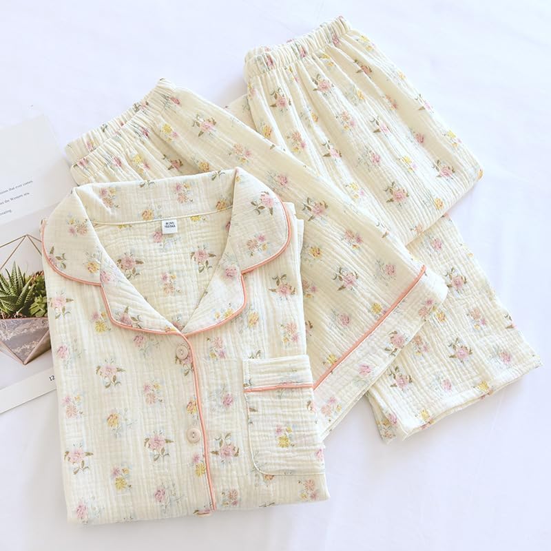 Image of codcm Womens 3pcs Cotton Pajamas Set Short Sleeve Sleepwear Fruit Print Cute Pj Set with Long Pants