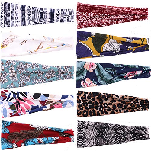 Headbands for Women Boho Headbands Vintage Flower Printed Criss Cross Elastic Head Wrap Workout Headband Wrap Headwear 10pcs (set6)