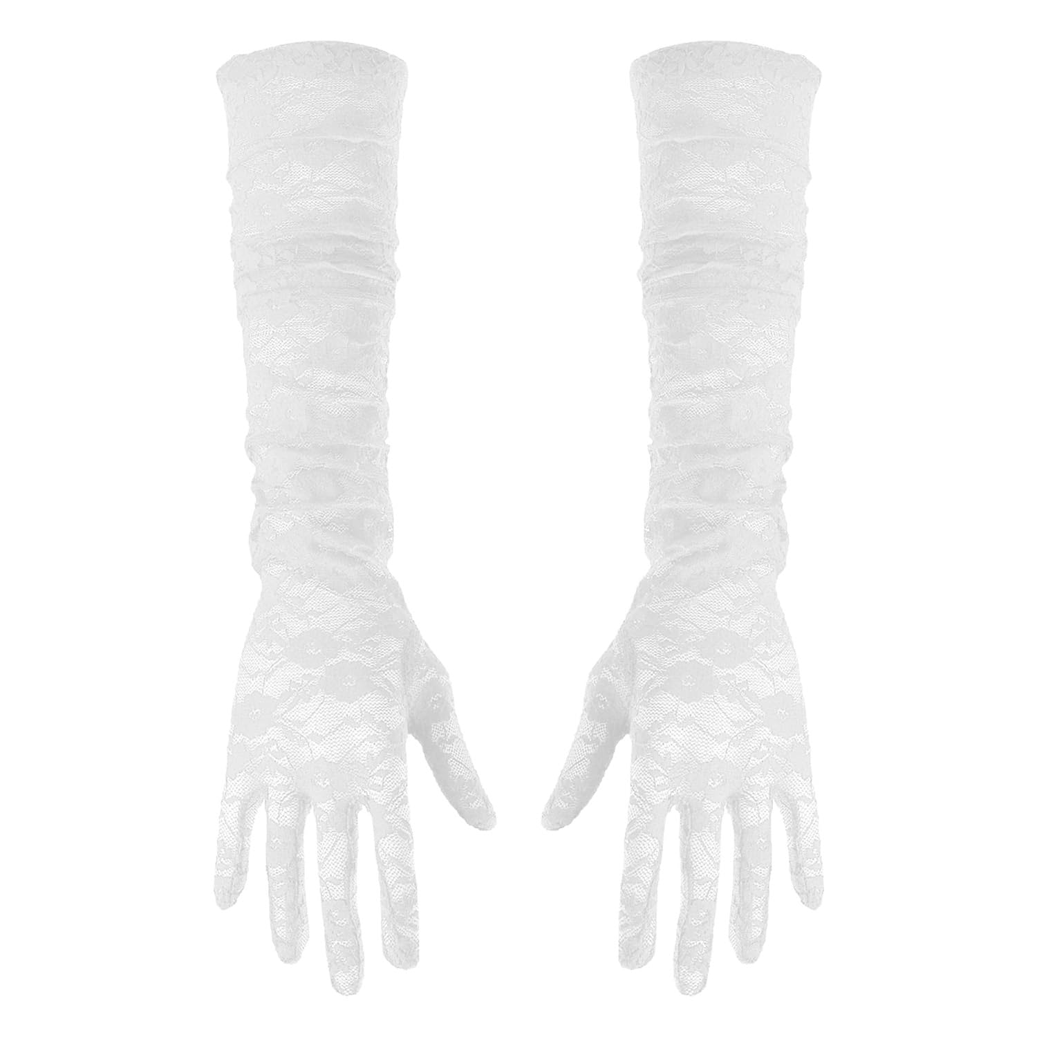 wellrun 1pairs Long Lace Gloves for Women,Elbow Length Floral Lace Gloves,80s Elegant Opera Glove for Wedding,Prom,Costumes Masquerade,Tea Party,Prom(White)