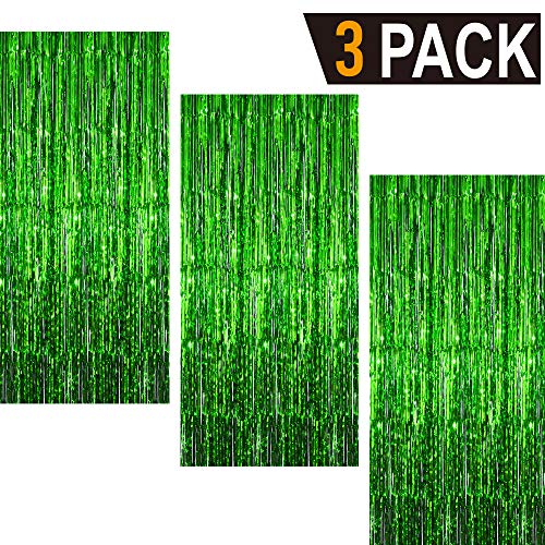 Image of GOER 3.2 ft x 9.8 ft Metallic Tinsel Foil Fringe Curtains for Party Photo Backdrop Wedding Decor (Green,3 pcs)