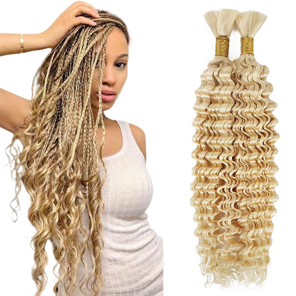 Tuheerst Human Braiding Hair For Boho 28 28 Inch No Weft #613 Blonde Deep Wave 50g/Bundle Total 100g Unprocessed Knotless Braids Human Hair Extension For Women