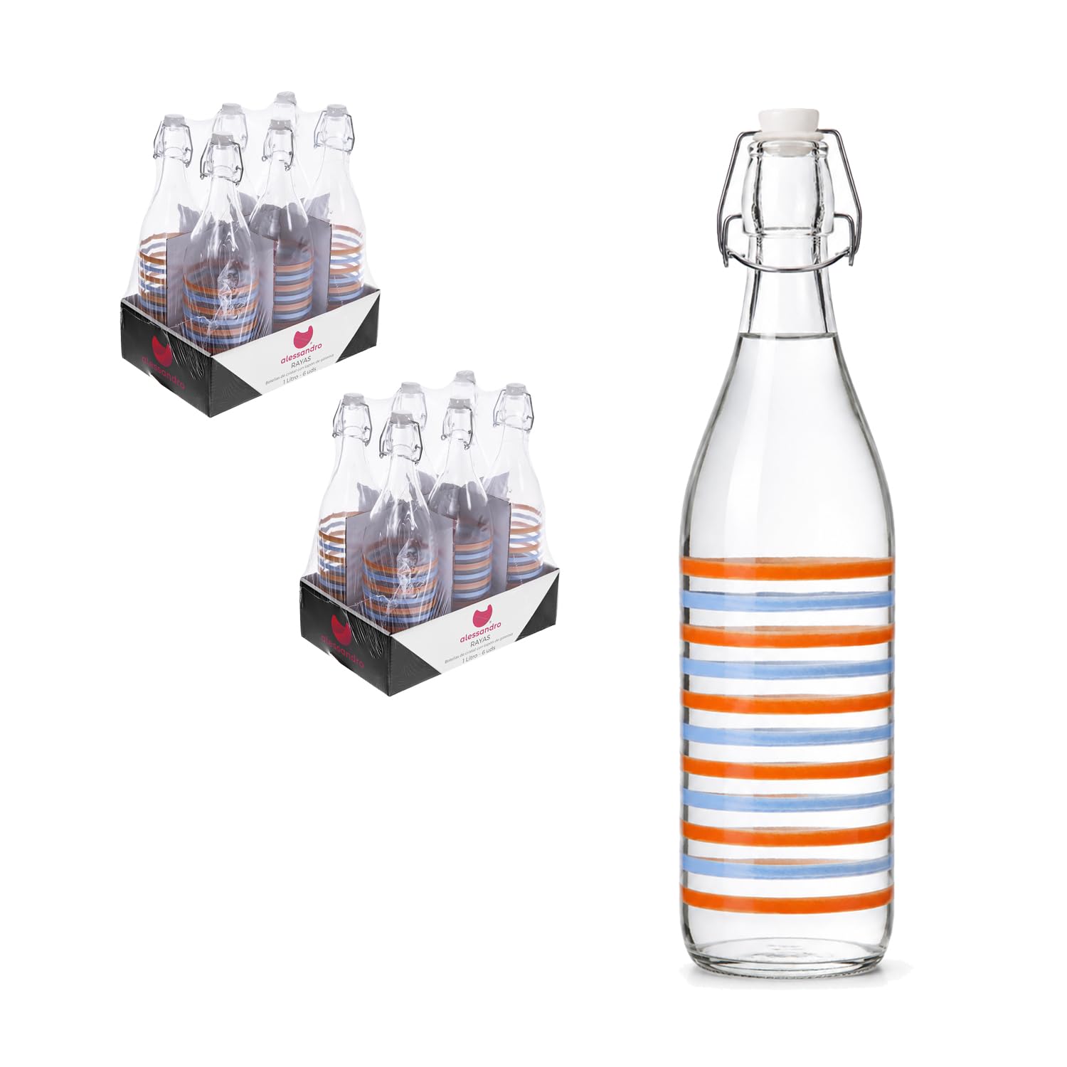 TWO TIGERS Botella de Cristal 1L| Tapón Gaseosa | Pack 12 Unidades | Botellas Agua Licor Refrescos Manualidades | Hosteleria Celebraciones Fiestas Bar Restaurantes Hoteles (Rayas 1L 12ud)