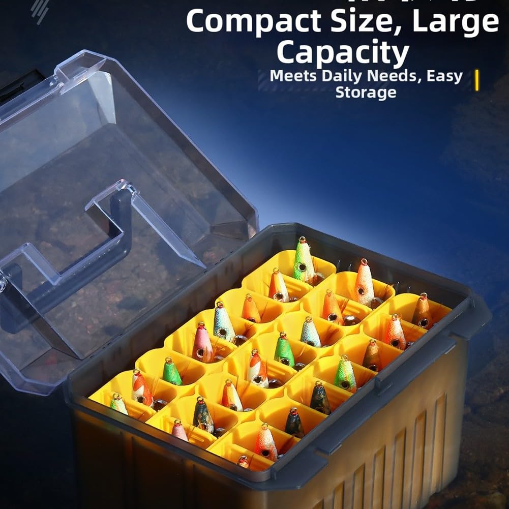 Caja de aparejos de pesca de 24 rejillas con base impermeable, contenedor compacto de ABS con separadores ajustables y asa para almacenamiento de pulpos, color amarillo