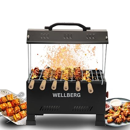 Wellberg 2-in-1 Electric & Charcoal Barbecue Grill Set 1200W Stainless Steel Element 13Inch Size Includes Tong Skewers Portable Grill for Home Camping Barbecue Grill for Outdoor Cooking (BLACK)