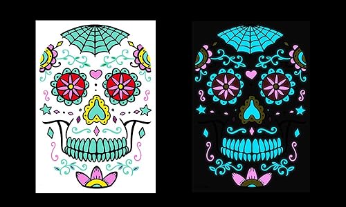Miniatura 8 de Tatuajes de cara del Día de Muertos, tatuaje de cara de calavera de azúcar de neón, diseños brillantes de 6 hojas, calcomanías de tatuaje de neón