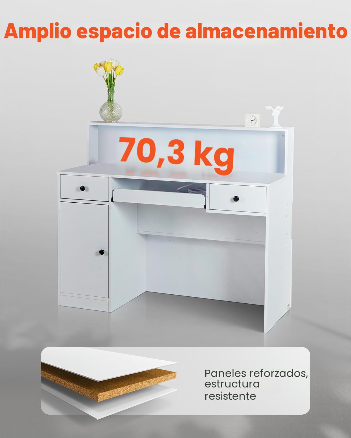VEVOR Mostrador de Recepción 120 x 47,5 x 100 cm Mesa de Mostrador Rectangular Material de MDF con Luz LED 2 Cajones y Tomas de Corriente para Caja, Vestíbulo, Salón de Belleza, Oficina, Blanco