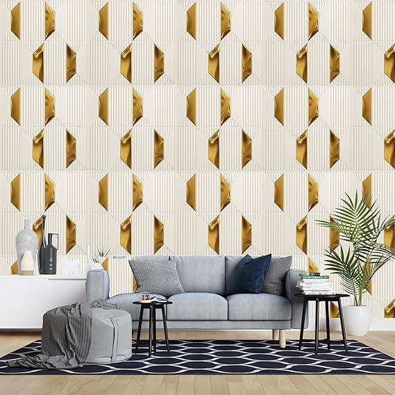 Image of Acrylonitrile Butadiene Styrene (ABS) 3D White Pyramid PVC Wall Panels For Home, Living Room, Cafes (50X50 Cm) (Cover Area 2.7 Feet) (Gold Acrylic) (Acylic Gold Square Mirror White Pyramid)