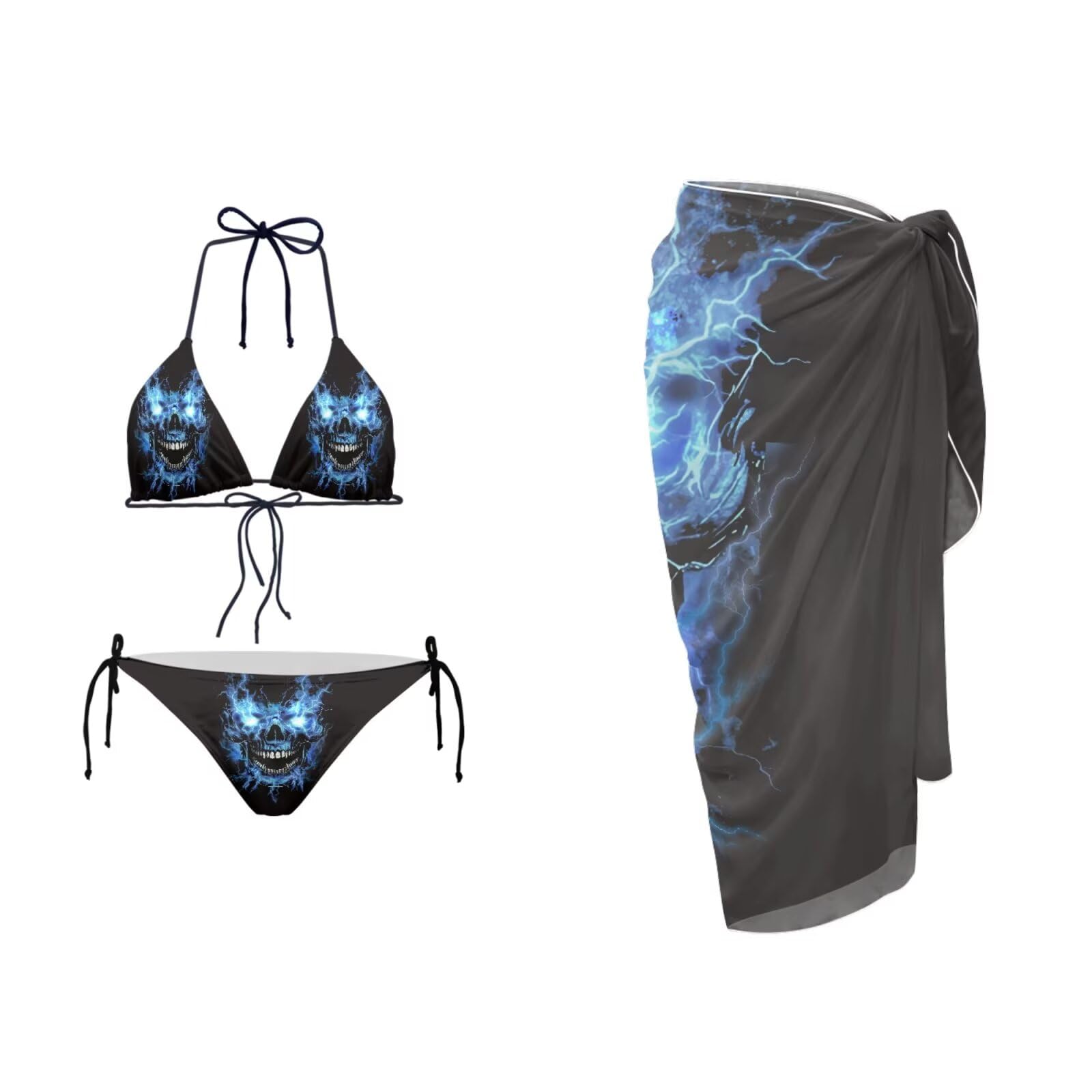 AFPANQZ Skull Flame Luxury Swimwear Set: Bikini + Cover Up Dress - Tummy Control Design & UPF Protection, Best Gift for Her (Check Size Chart)