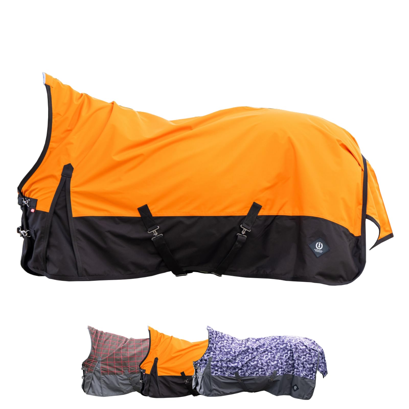 Imperial Riding - Outdoordecke High Neck 600D IRHCustomized – Regendecke – strapazierfähige & wasserdichte Weidedecke mit Baumwollfutter – Pferdedecke in Orange/Dark Brown – 145cm