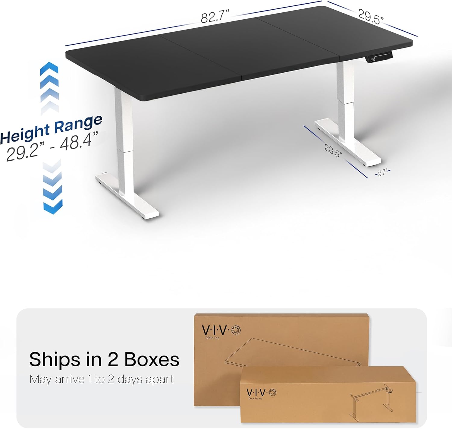 Two cardboard boxes labeled VIVO, indicating the desk ships in two packages.