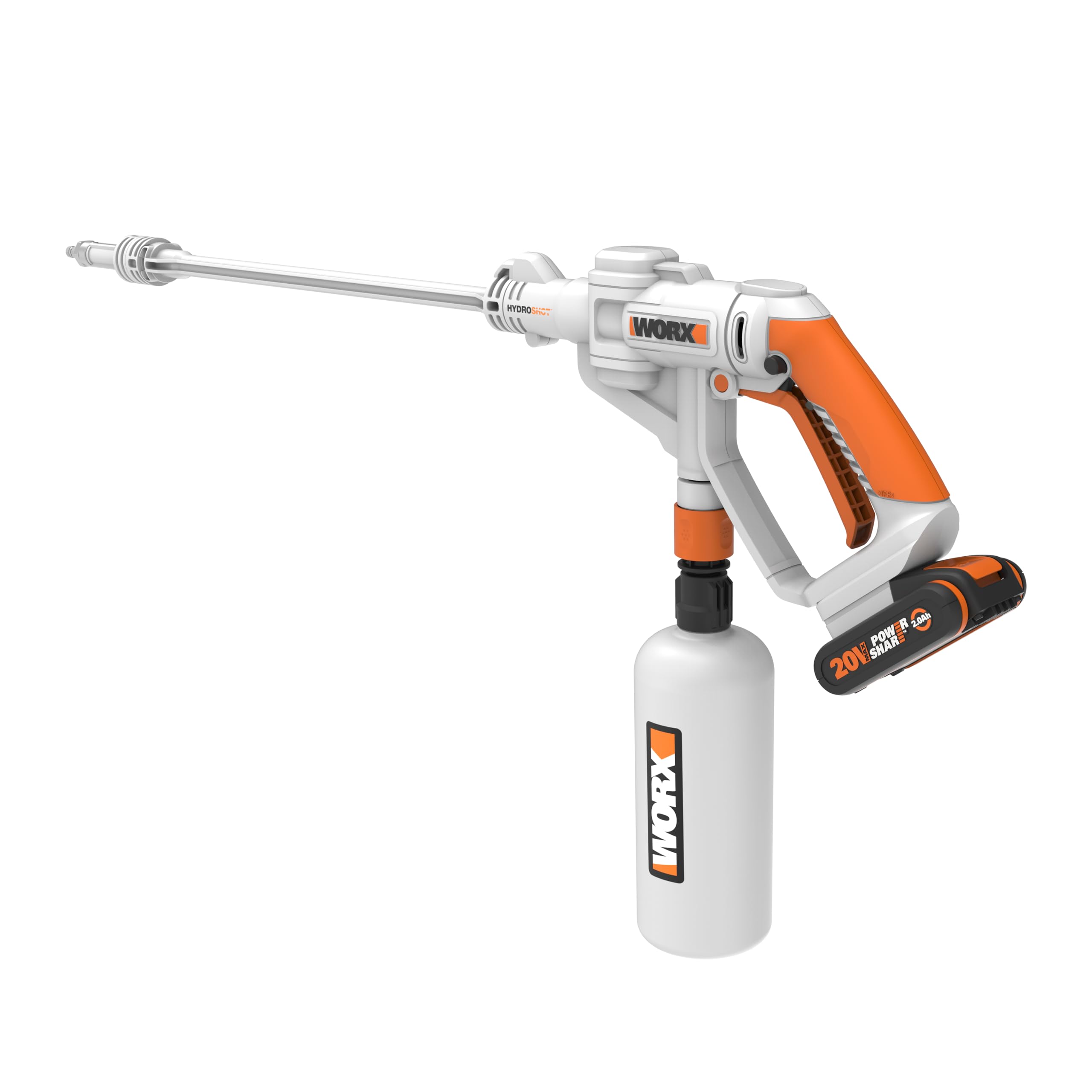 WORX WP650E Hydroshot akumulatorowy opryskiwacz ciśnieniowy 20 V z delikatną mgiełką i zbiornikiem na butelkę o pojemności 1 l – w zestawie akumulator 2 Ah i szybka ładowarka – kompatybilny z