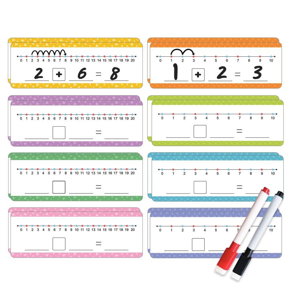 Lachilly Addition & Subtraction Number Line Dry Erase Cards Math Manipulatives Board for Kids Students Classroom Home Write and Wipe 3.46" x 10.5", 8Pcs for 0-10, 8Pcs for 0-20