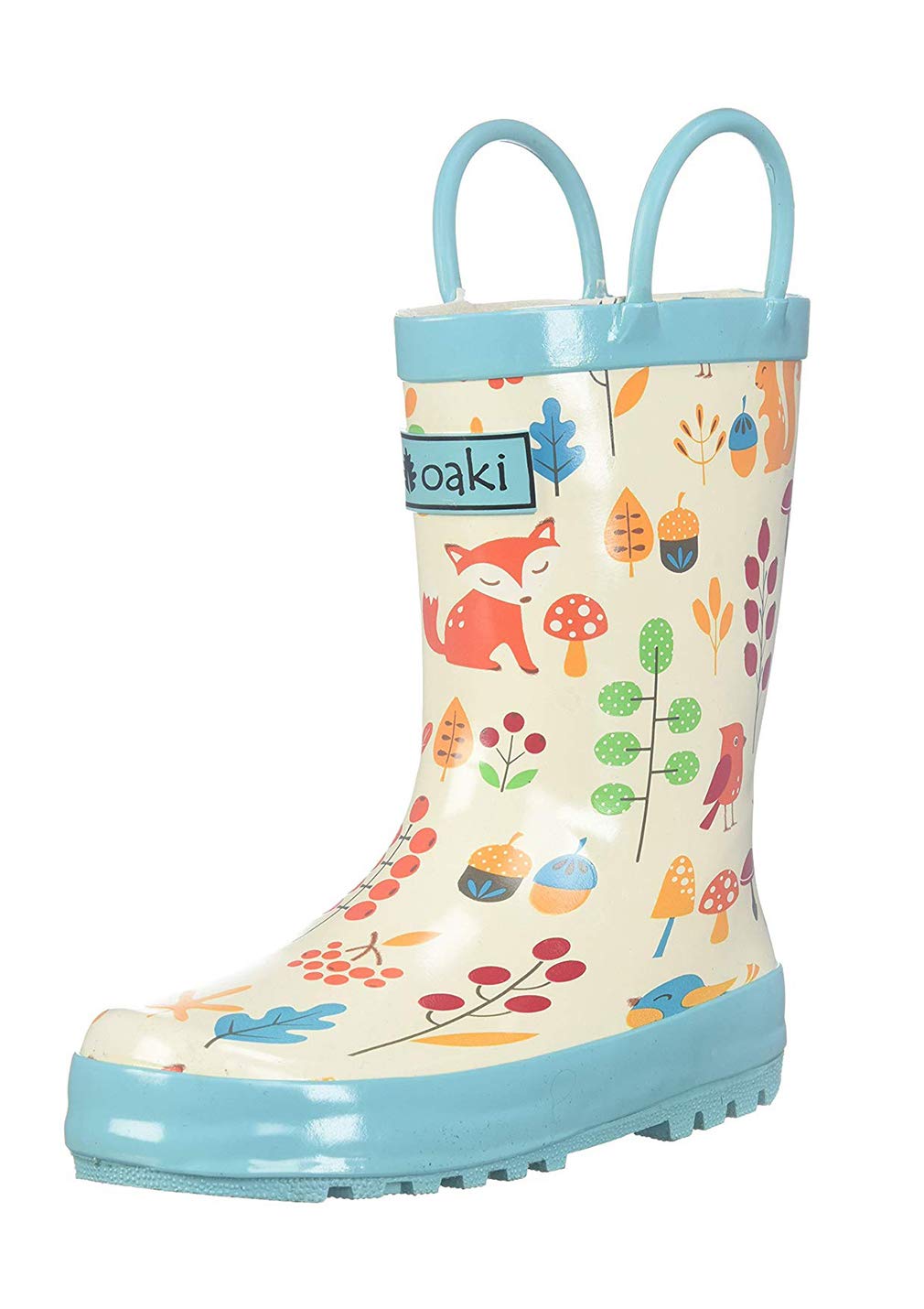 OAKI Kids Rubber Rain Boots with Easy-On Handles, Forest Animals, 8T US Toddler
