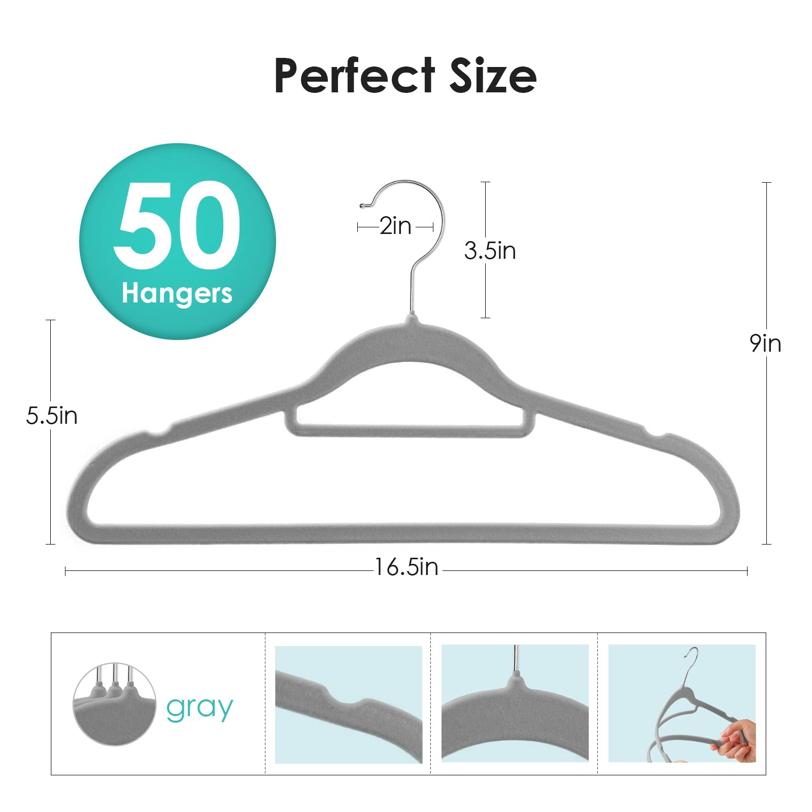 Samt-Kleiderbügel, rutschfeste Filz-Kleiderbügel, platzsparend | Samt-Kleiderbügel, schmal, mit 360-Grad-Drehhaken, für Anzüge, Mäntel, Jacken, Hosen und Kleiderkleidung, Grau, 50 Stück
