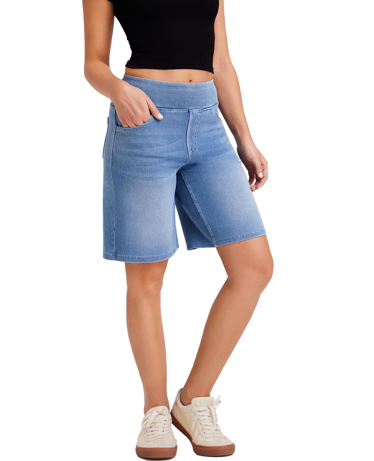 LaiEr Short en Jean Bermuda Taille Haute pour Femme,Short en Denim Casual Décontracté,Arrivant aux Genoux,en Tissu Stretch et Coupe Ample,Idéaux pour Le Sport,Le Fitness,Le Yoga et Les Entraînements