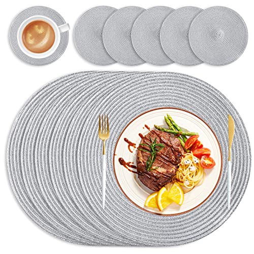 wiipara Round Woven Placemats Set of 6 Heat Resistant Round Braided Table Mats 34 cm Washable Placemats and Coaster Sets for Dining/Kitchen Table Party Wedding Silver