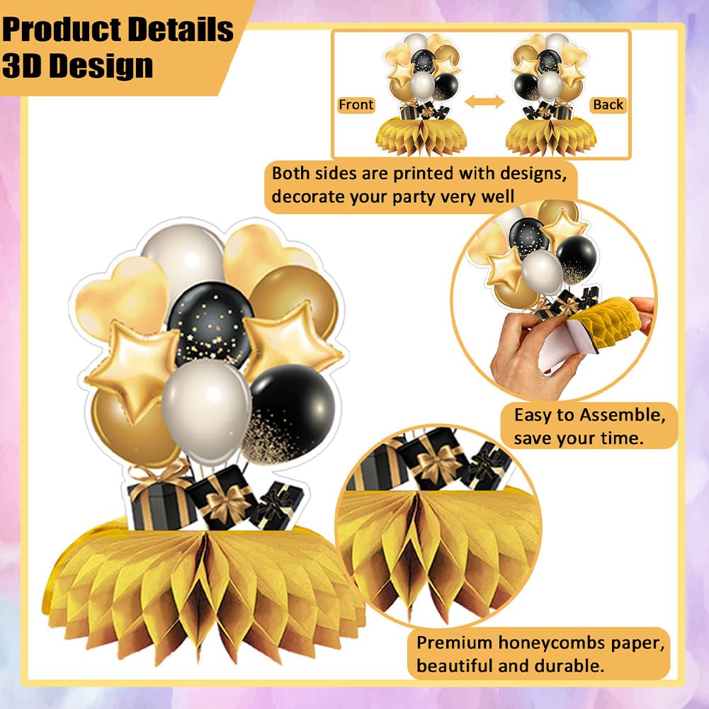 Centrotavola Compleanno Elegante - Set 9 Pezzi Nido D'Ape Nero E Oro Per Feste - Foto 4