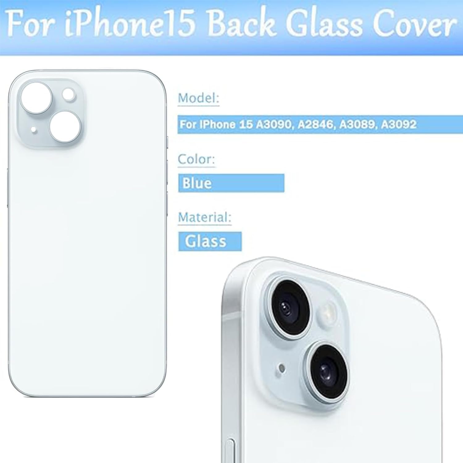 Sostituzione del coperchio del vetro posteriore 15 per iPhone 15 Sostituzione del vetro posteriore posteriore da 6,1 '' con kit di strumenti di riparazione (Blu)