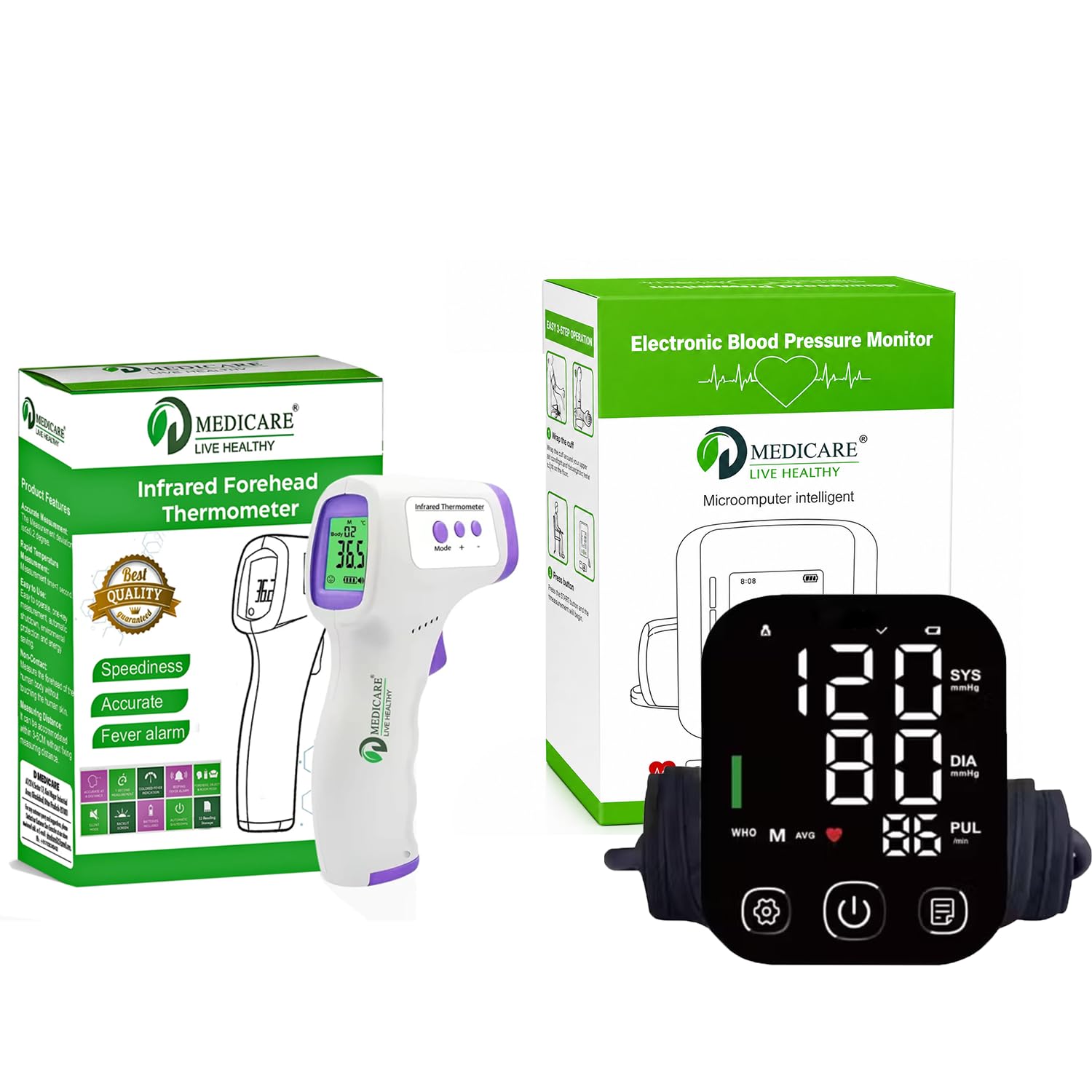 rechargeable bp monitor & infrared thermometer combo | digital blood pressure machine | non contact forehead thermometer | home health care kit (recomb-01)