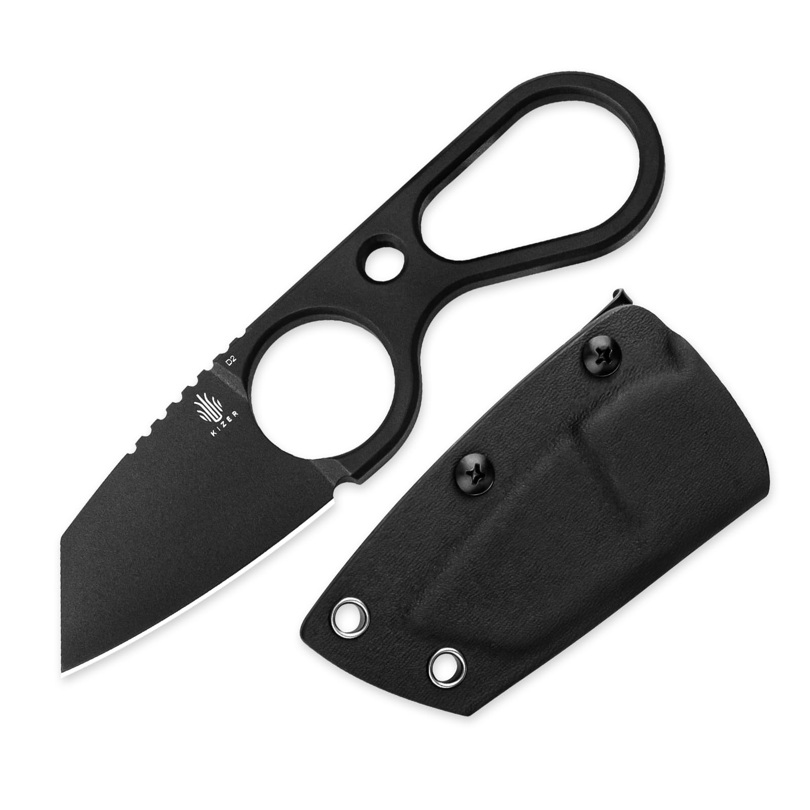 Bowtie Small Fixed Blade Knife, D2 Steel EDC Hunting Pocket Knife, 5.83 Inches Horizontal Carry Black Neck Knives, Survival Camping Knives with Sheath, 1061A2