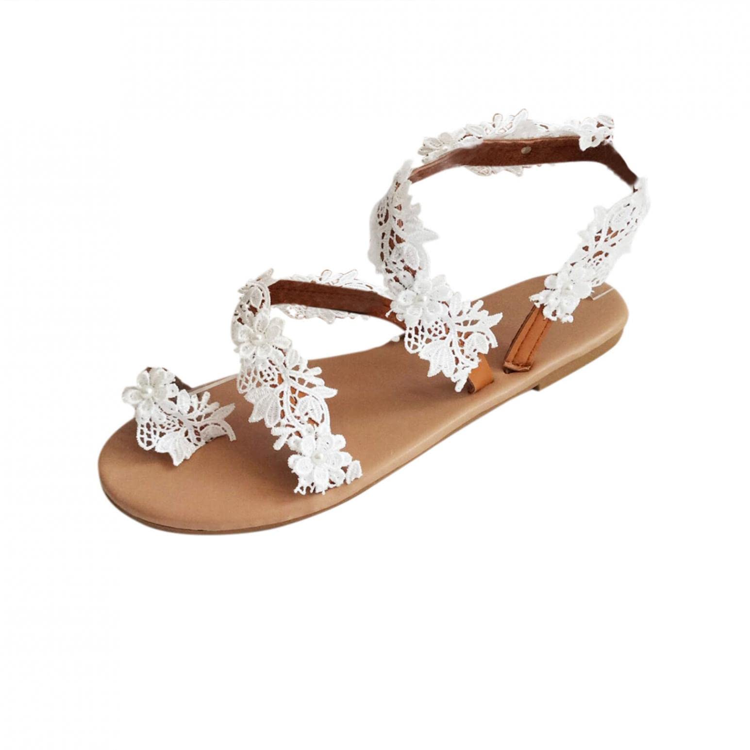 Hbeylia Boho Flat Sandals for Women Rhinestones Pearl Design Toe Ring Jeweled Sandals Slip On Casual Beach Shoes