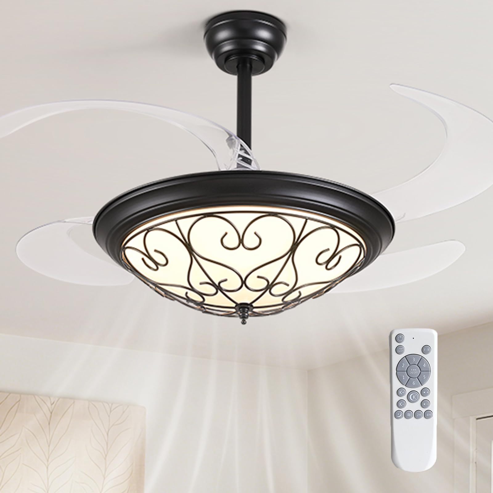 APBEAMLighting 48''Tiffany Rustic Retractable Ceiling Fan with Lights, Farmhouse Black Fandelier, Dimmable LED 6 Wind Speed, Reversible DC Motor, 4