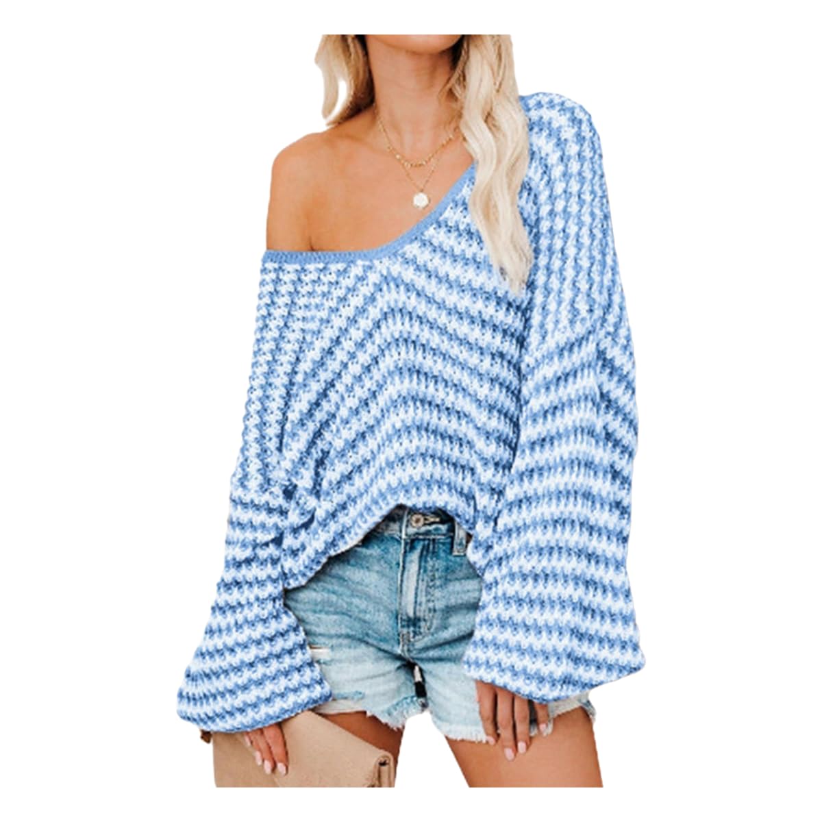 Maglione da Donna Tops A Maniche Lunghe Donna, Pullover Vesto V Leggeri-Blu-l