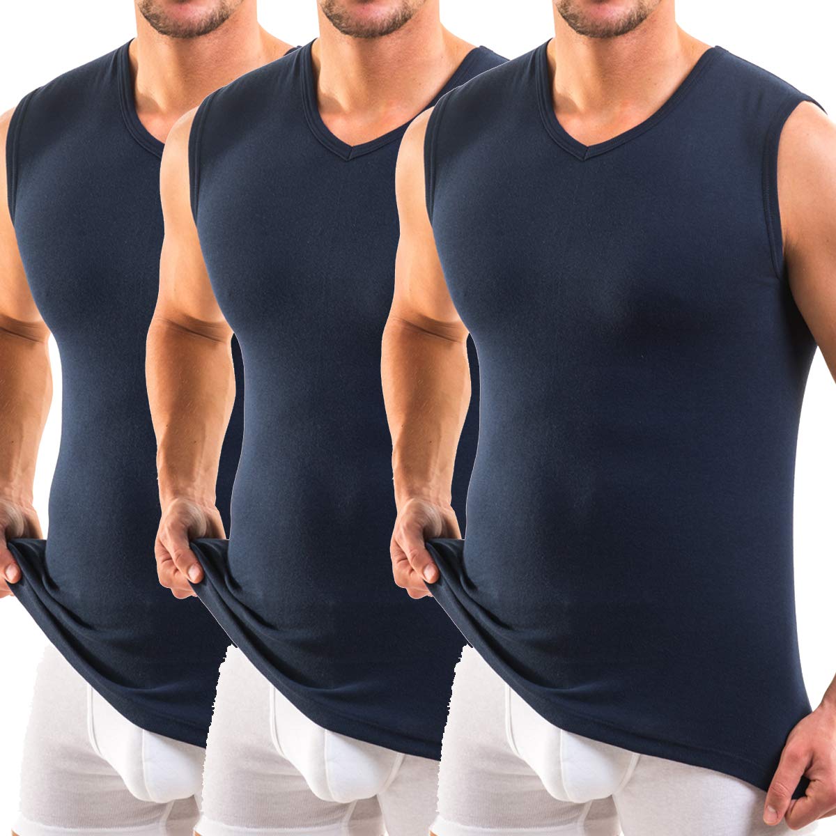 HERMO 3050 Lot de 3 Business Shirt Homme avec col V, Maillot de Corps en 100% Coton Biologique (Tank Top)