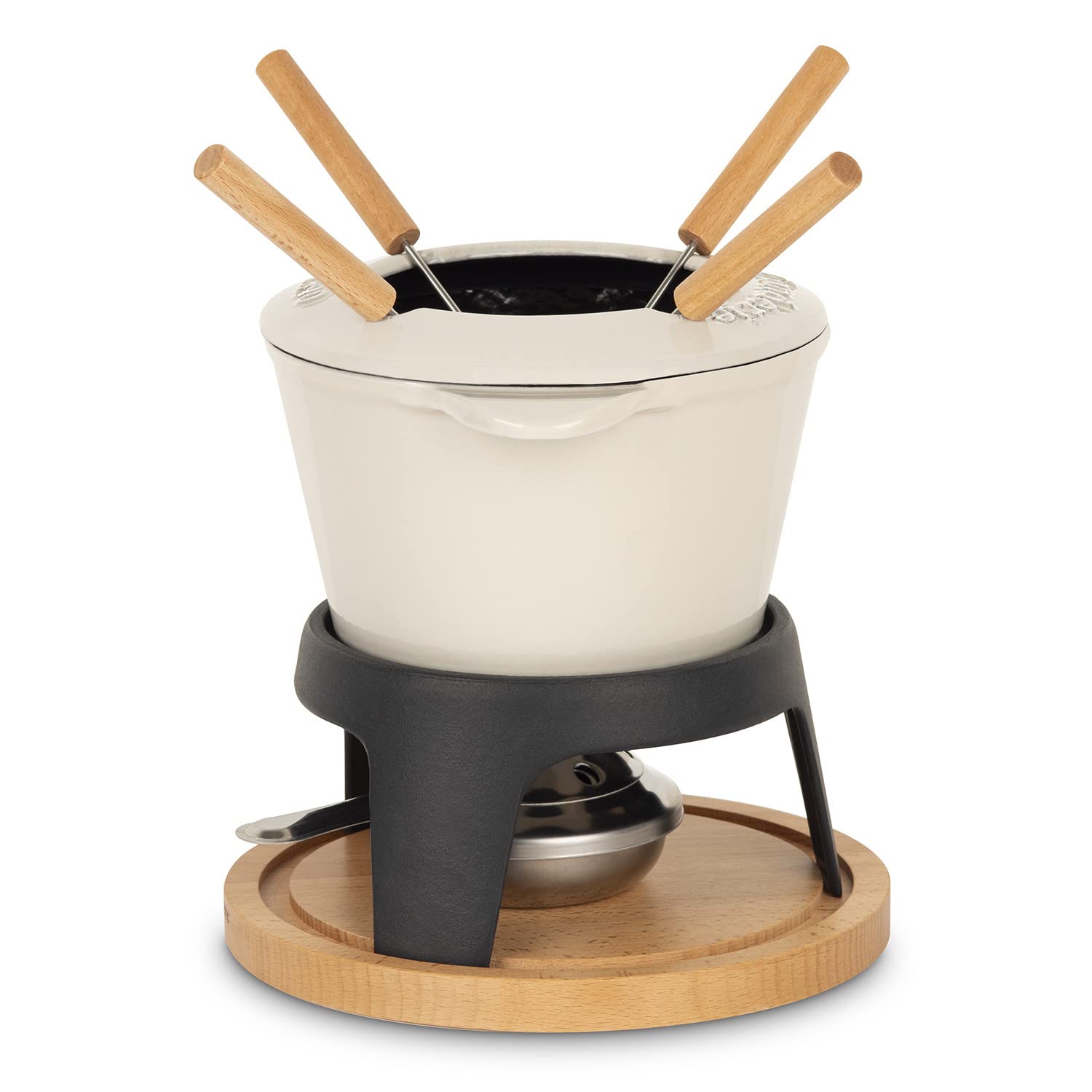 Set per fonduta in ghisa per 4 Persone Mont Joly, per fondute di Formaggio e Cioccolato, Coperchio antischizzi, 4 forchette con Manici in Legno di faggio, capacità 1,2 L, Beige