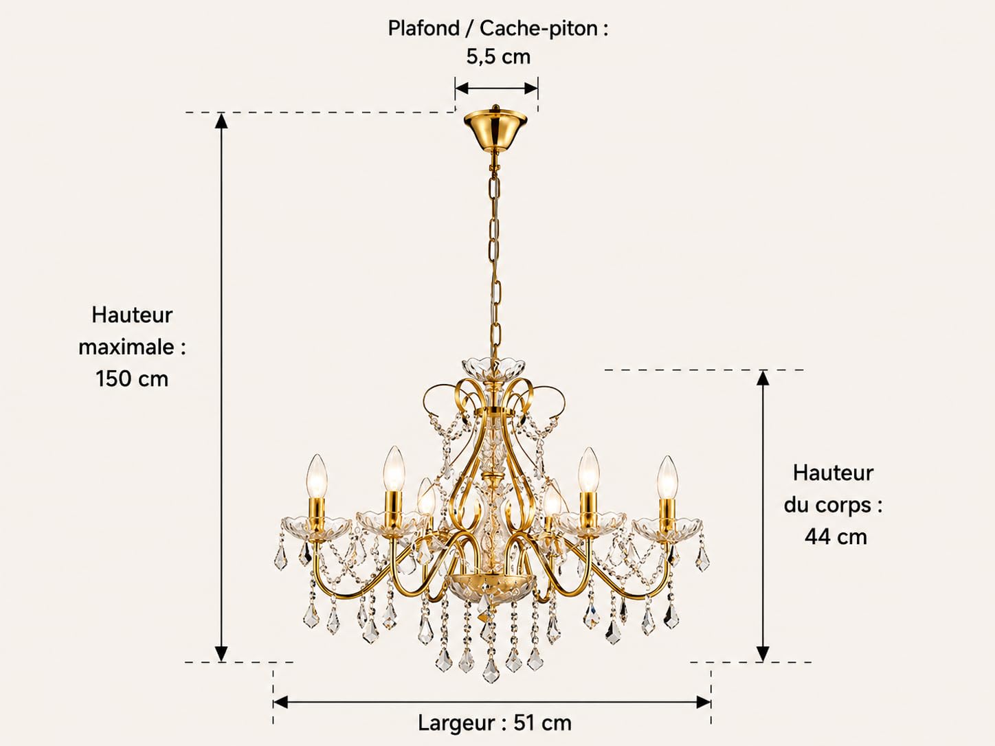 Saint Mossi Lustre en Cristal Doré à 6 Lumières - Moderne en Style Français Goutte de Pluie pour Salle à Manger Chambre H44xW51