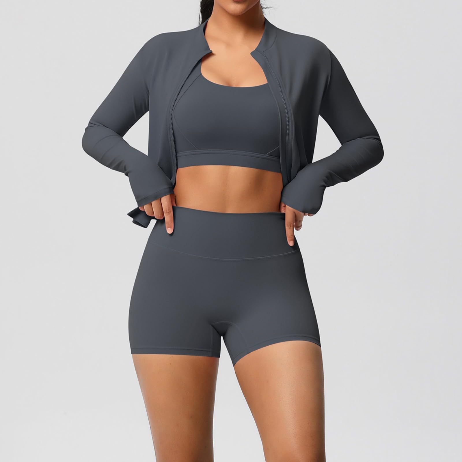 Set Yoga Tre Pezzi Top Spazzolato Giacca Sport Abbigliamento Corsa Fitness Casual, grigio, M