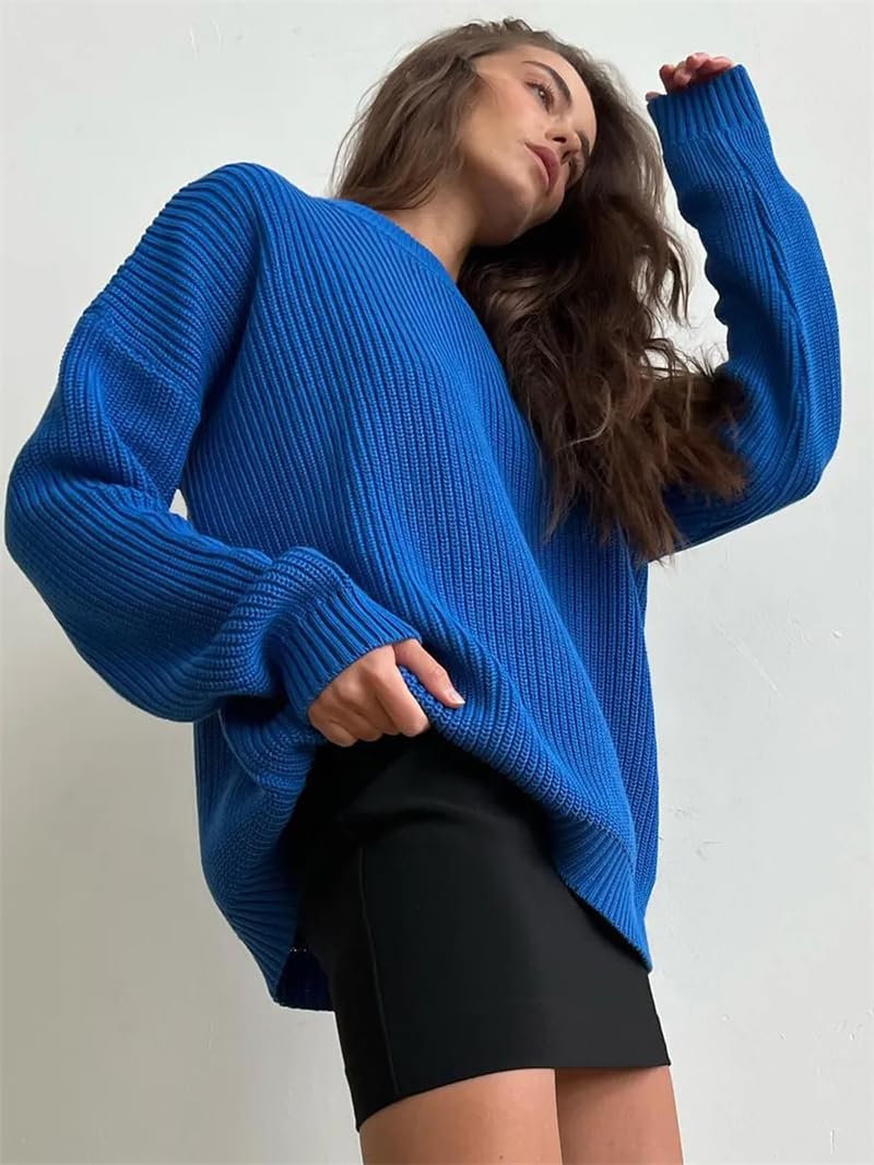 Damski sweter z dzianiny oversize z długim rękawem okrągły dekolt luźne grube swetry pulowery