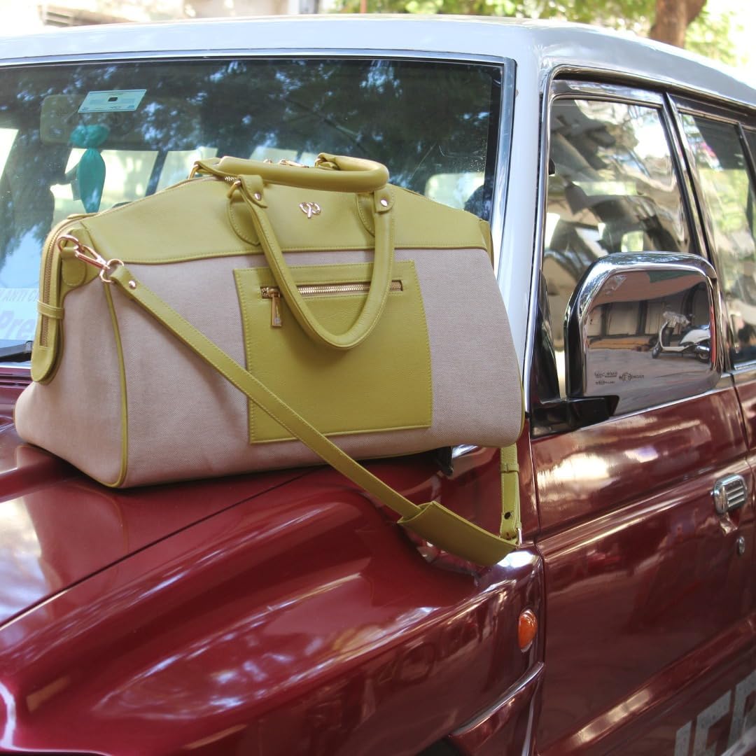 Zyan Lime Green Canvas and Leather Duffle Bag | Weekender Cabin Carryall Travel Bag with Detachable Strap | 90 Feet Handcrafted by Dharavi Market - Image 4