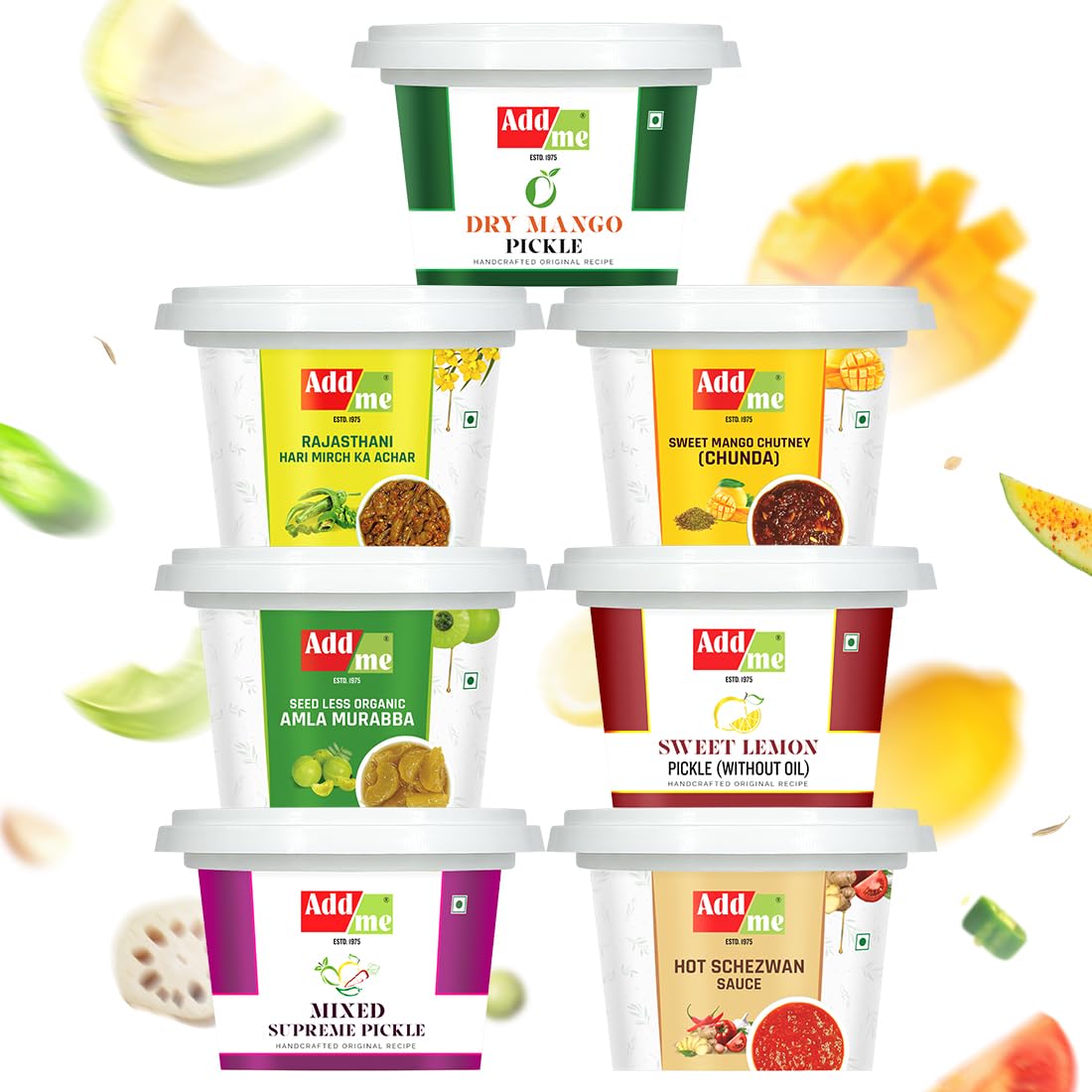 Add me ( Pack of 7) Flavourful Gift Package- Dry Mango Pickle + Sweet Mango Chutney + Rajasthani Hari Mirch ka achar + Sweet & Sour Lemon Pickle + Seedless Amla Murabba + Mixed Pickle + Hot Schezwan Sauce | 50gm each, Nett Qty: 350gm (B0BMXL26RJ) Amazon Price History, Amazon Price Tracker