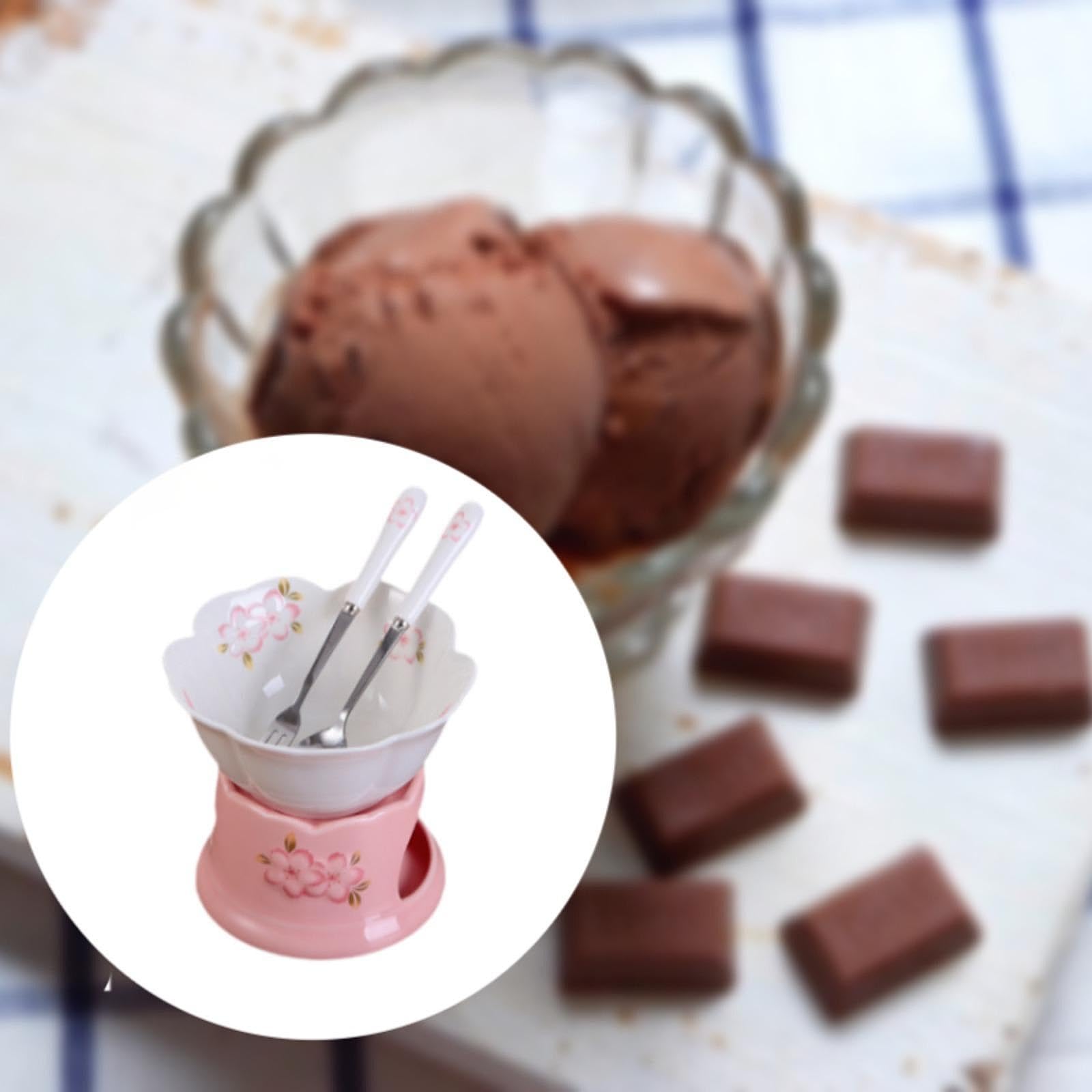 Qianly Chocolate Fondue Pot Fondue Pot Set with Fork and Spoon 300ml Dining Porcelain Melting Pot Cheese Fondue Pot for Engagement, Pink Pot, White Bowl