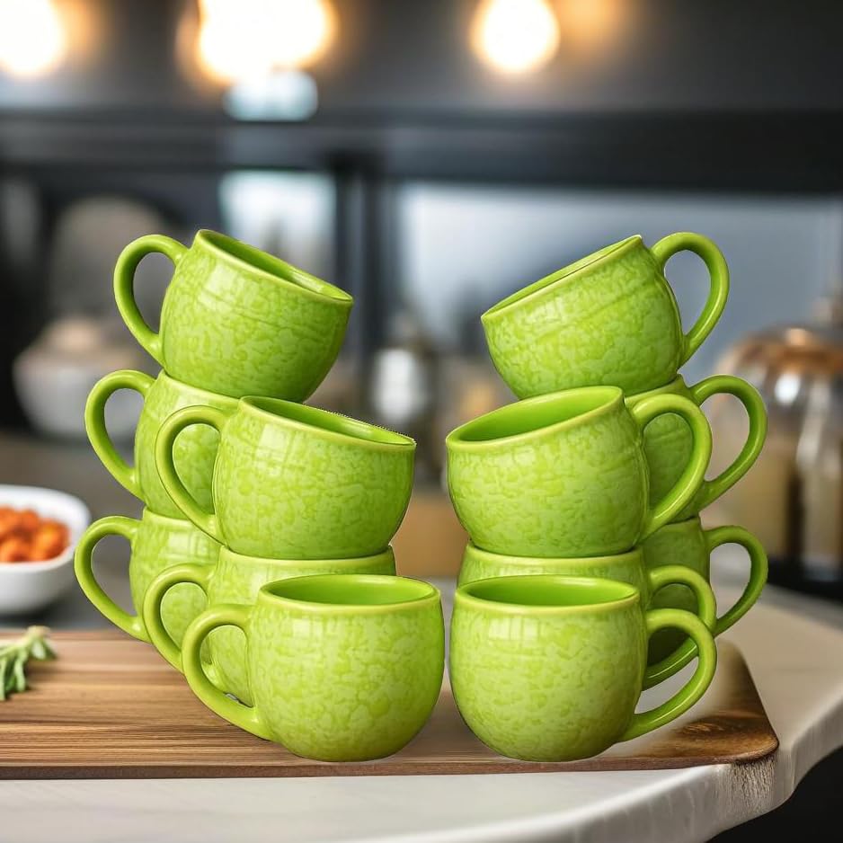 Image of D'Maiolica Lime-Green Kuliya Shape Tea Cups Set of 12 Microwave and Dishwasher Safe, Ceramic Small Tea /Chai /Coffee Cups Perfect for Every Occasion Capacity- 110 ml Each (Lime-Green, Pack of 12, Small)