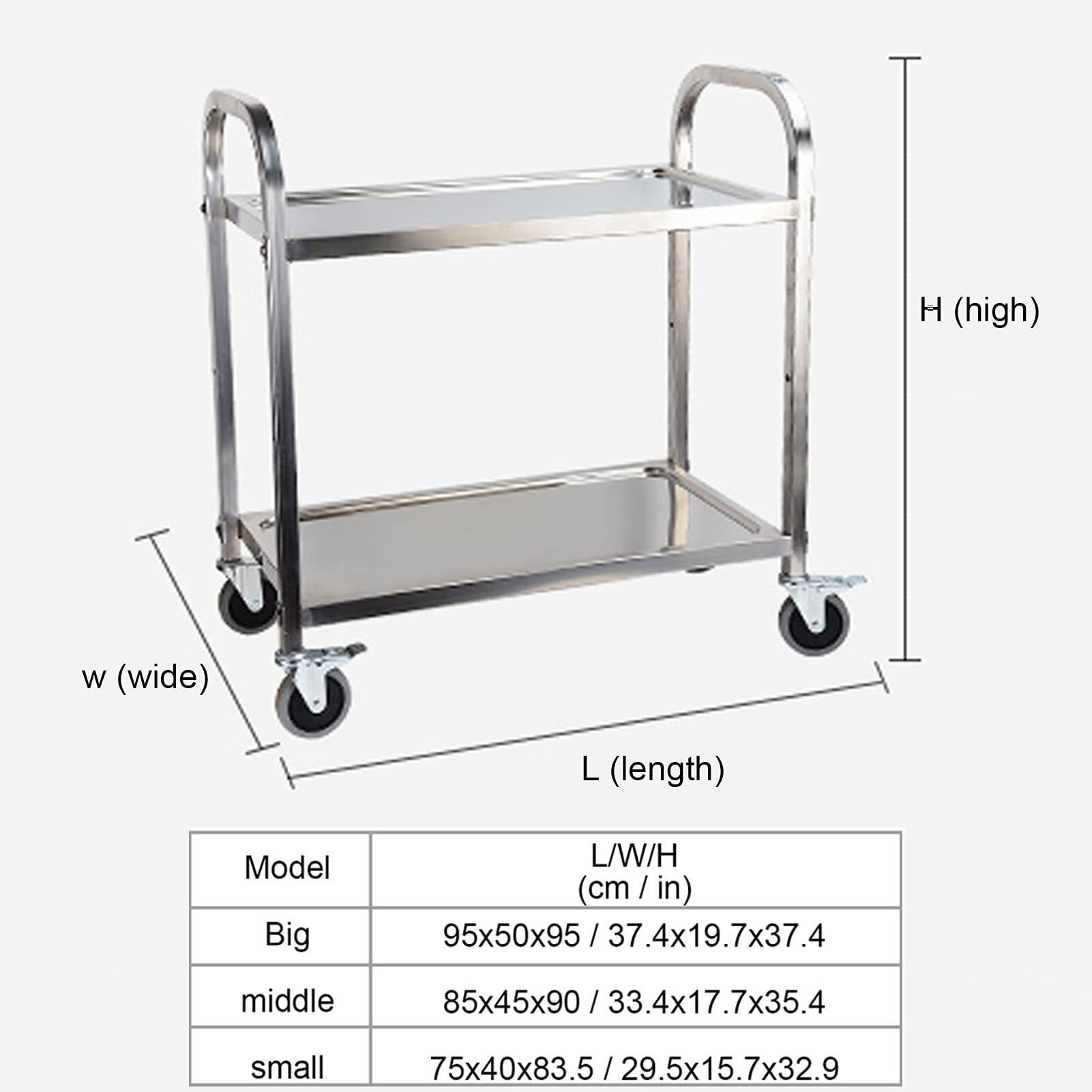 Carrito de servicio de acero inoxidable con ruedas bloqueables, carrito de comida y bebida de 2 niveles para hoteles y restaurantes, 75 x 40 x 83,5 cm