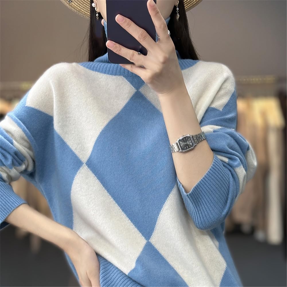 Youllyuu Maglione Dolcevita 100% Lana Maglione Pullover Lavorato a Maglia in Cashmere da Donna Maglione a rombo