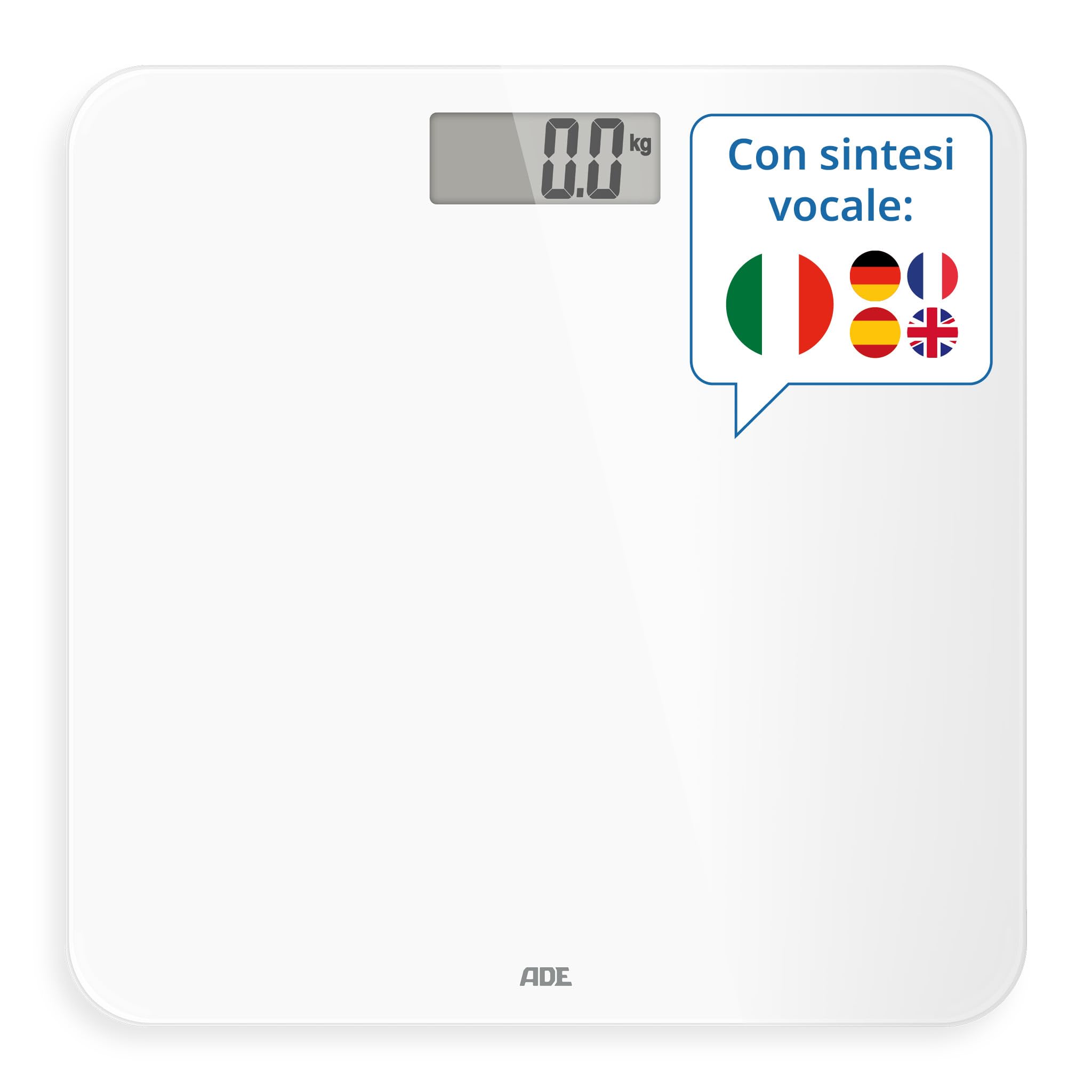 ADE Bilancia pesapersone digitale parlante | bilancia elettronica pesa persone da casa con emissione vocale in 5 lingue anche italiano | capacità molto elevata | precise fino a 250 kg | bianca