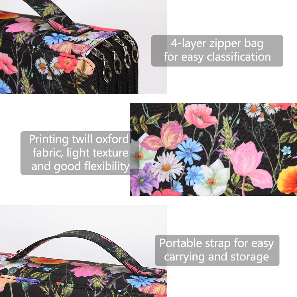 Trousse à crayons de couleur – 200 emplacements avec fermeture éclair en tissu sergé de grande capacité, motif rose, pour étudiant ou artiste (fleur noire)