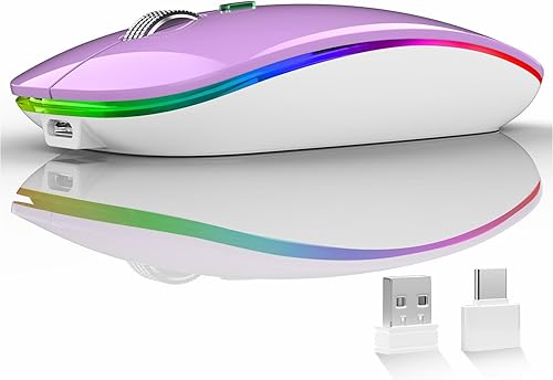 Mouse inalámbrico LED mouse silencioso inalámbrico recargable G12 mouse inalámbrico USB portátil de 24G con receptor USB y adaptador tipo C Púrpura
