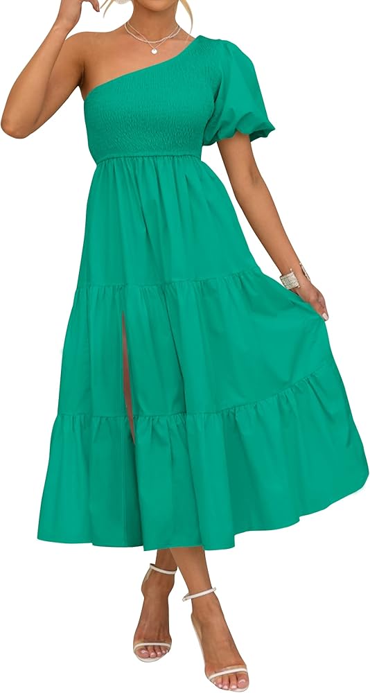 ZESICA Women's Boho Summer One Shoulder Short Sleeve Smocked Side Split  Ruffle Swing Midi Dress Green S at Amazon Women's Clothing store