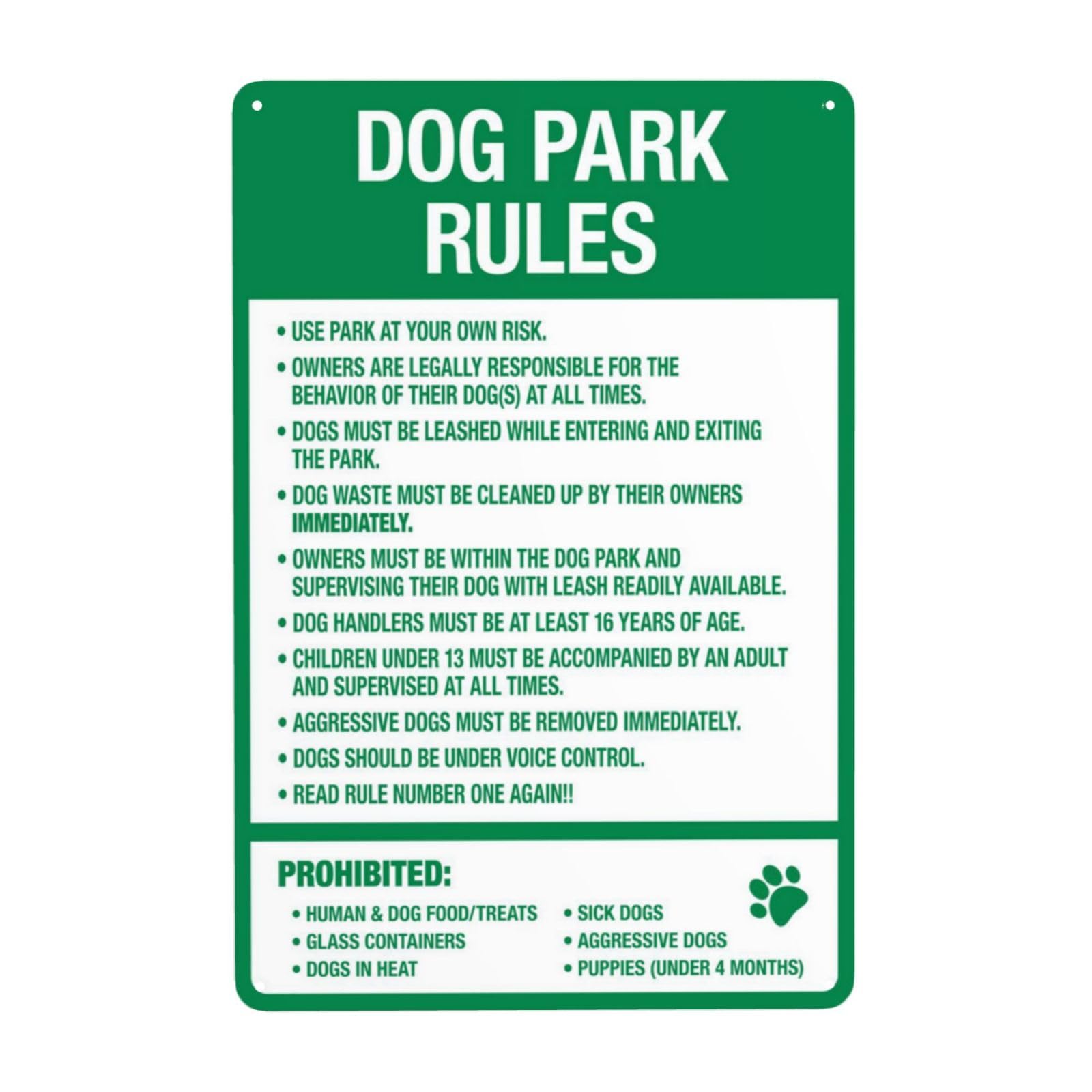 Vintage Metal Tin Sign, Dog Park Prohibited Behavior Rule Wall Decor, 8x12 Inch